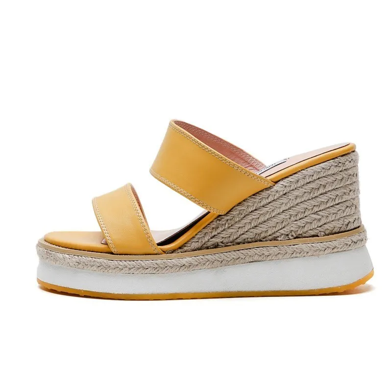 Women Wedges Heel Slippers Summer Genuine Leather Outside Platform Shoes Woman Black Beige Yellow High Heels Slides Sandal D018 | Обувь