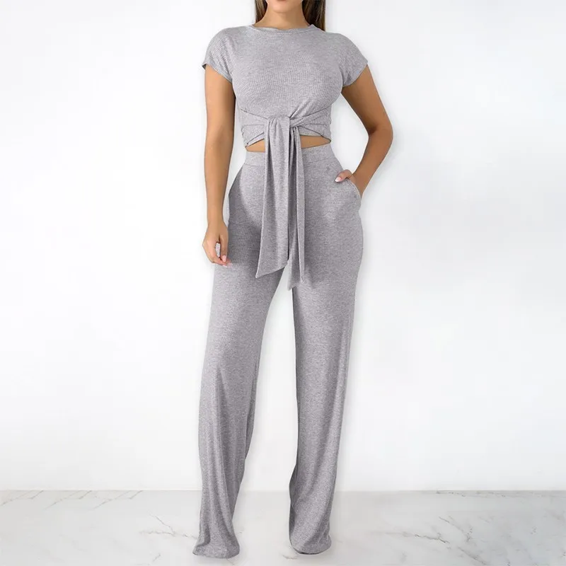 Комплект из двух предметов с высокой талией короткий рукав желтый топ и длинные