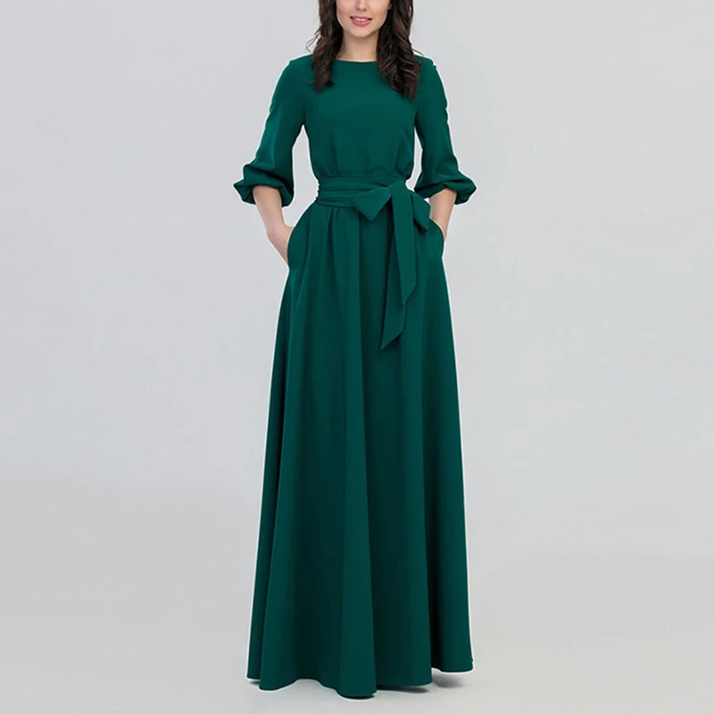 Женское Макси платье с рукавами фонариками элегантные вечерние платья круглым