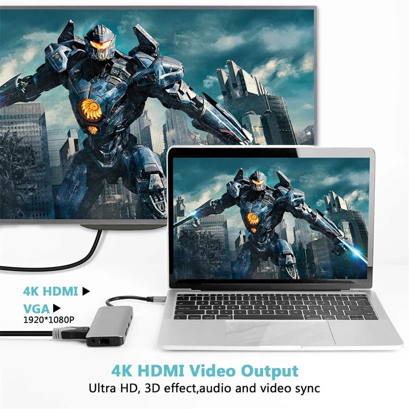 9 в 1 концентратор типа C на Hdmi + Vga выход 2 порта usb3.0 Sd/Tf кардридер сетевой адаптер 1000