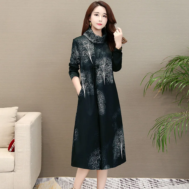 

2018 Autumn New Pattern Restore Ancient Ways Will Code Easy Thin Printing Long Sleeve Heap Lead Long Fund Dress