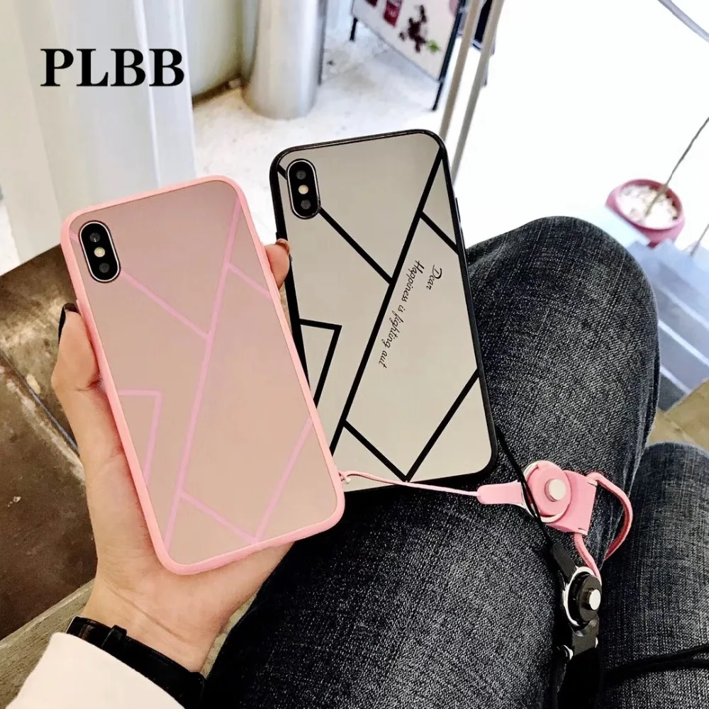 PLBB Luxury Acrylic Mirror Lover Heart Geometric Soft TPU Phone Coque Cover Case for iPhone X Xs Max XR 6 6S 7 8 Plus + Landyard | Мобильные