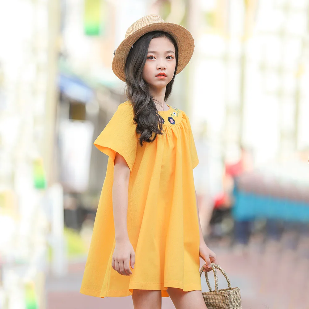 yellow loose dress simple embroidered floral short-sleeve dresses age for 4-14 yrs teenage girls summer clothes big frocks | Детская
