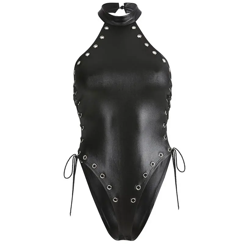 Women Bodysuits Casual Sexy Club Black Gothic Punk Slim Thin Solid Lace Up Backless High Street Jumpsuits Female Fashion Rompers | Женская