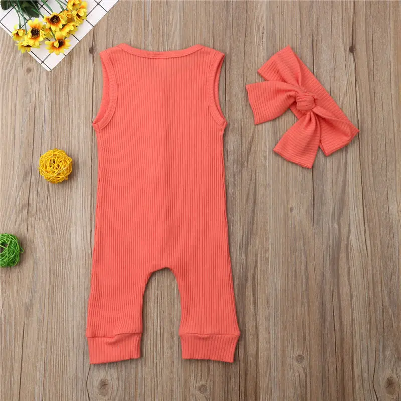 

2019 Baby Girls Boys Button Romper Newborn Summer Kids Solid Clothes Infant Cotton Romper+Headband Jumpsuit Toddler Outfit 0-18M