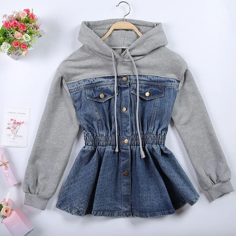 CHICEVER Spring Patchwork Denim Jacket For Women Hooded Long Sleeve High Waist Slim Women's Jackets Fashion Casual Clothes New | Женская