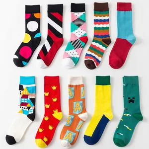 Носки мужские хлопковые в полоску, с мультяшным домом, РОМБОВИДНОЙ решеткой, короной, волнами, в горошек, забавные, в стиле Харадзюку, хип-хоп