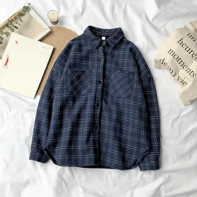 Plaid Loose Clothing Shirt Ropa Haut Femme Blusas Mujer Bayan Bluz Tops 2018 Autumn Winter women Korean Long Sleeve Blouse |