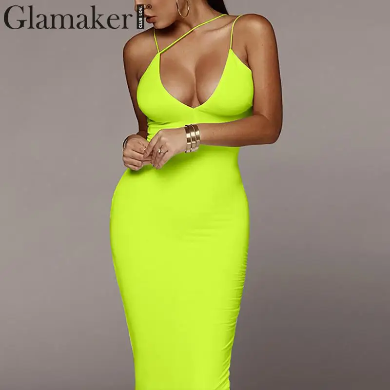 Glamaker длинное платье с глубоким v-образным вырезом и флуорессом женское облегающее винтажное макси черное платье летняя одежда без рукавов Клубная элегантная пикантная одежда