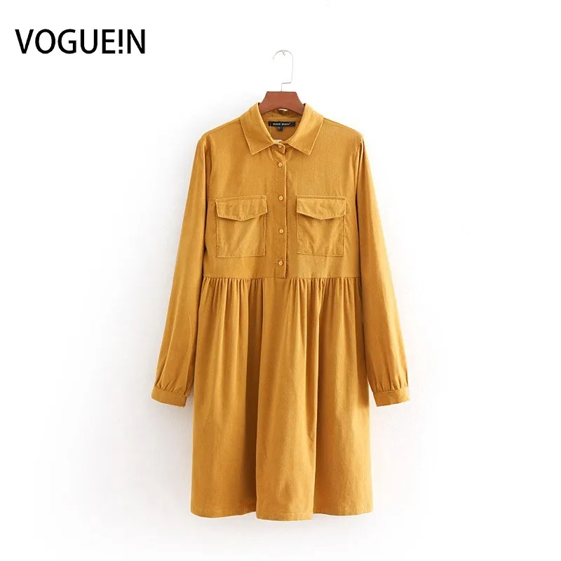 Женское вельветовое платье VOGUEIN однотонное желтое мини с карманами и длинными