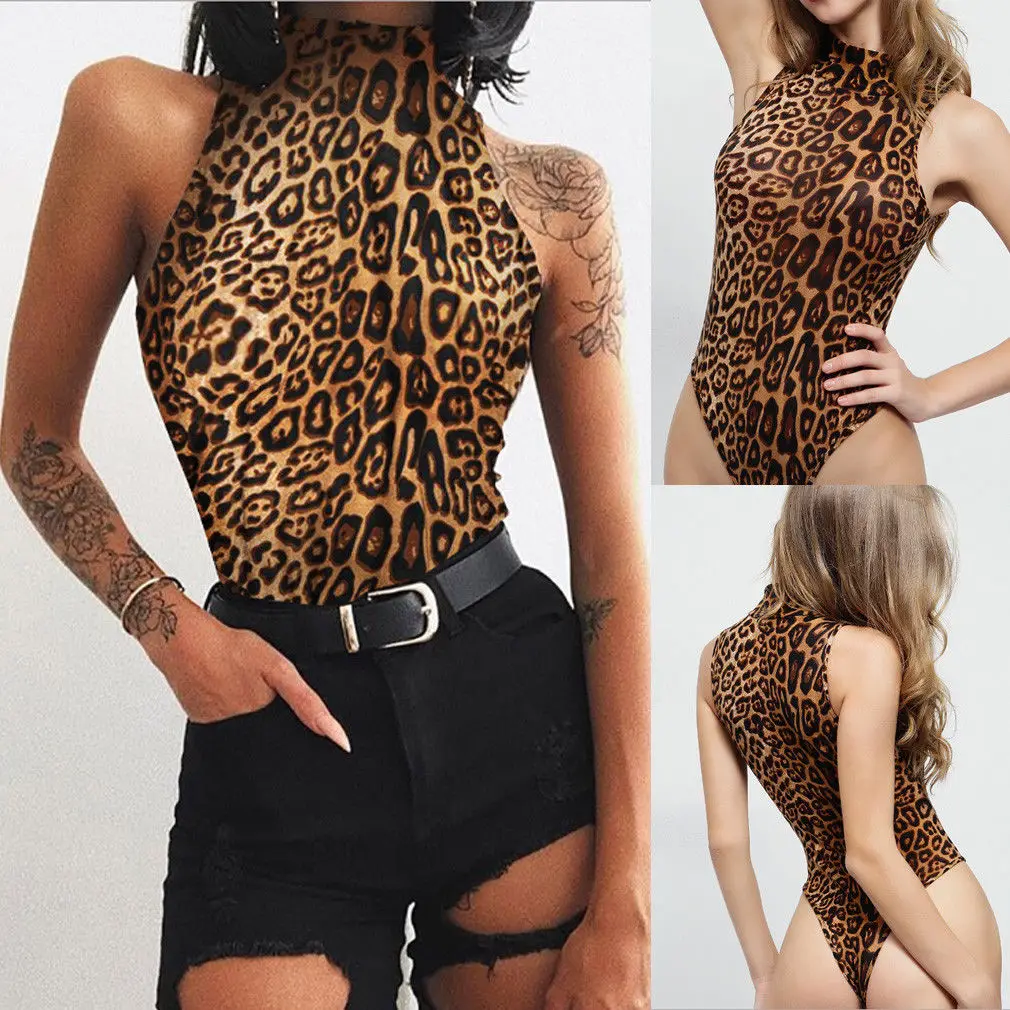 Women Summer Sexy Sleeveless Turtleneck Bodysuits Ladies Leopard Print Skinny Bodysuit Romper | Женская одежда