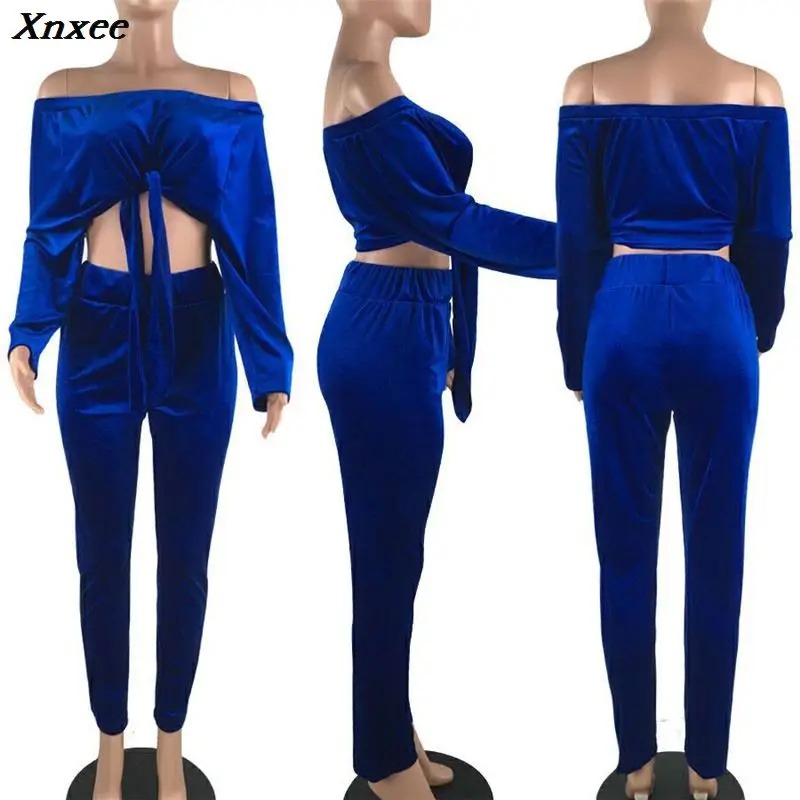 

Xnxee Solid Velvet Two Piece Set Women Sexy Slash Neck Off Shoulder Long Sleeve Front Tie Crop Top + Pants Tracksuit Outfits