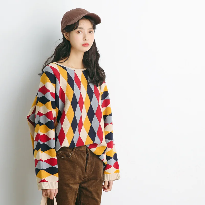 Cherry Chesse Harajuku Vintage Geometric Plaid Sweater Long Sleeve O Neck Pullovers Women Autumn Casual Knitted | Женская одежда