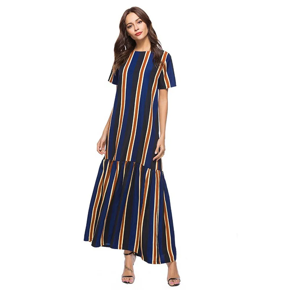 Исламское Полосатое женское платье 2018 с коротким рукавом мусульманское Турецкая