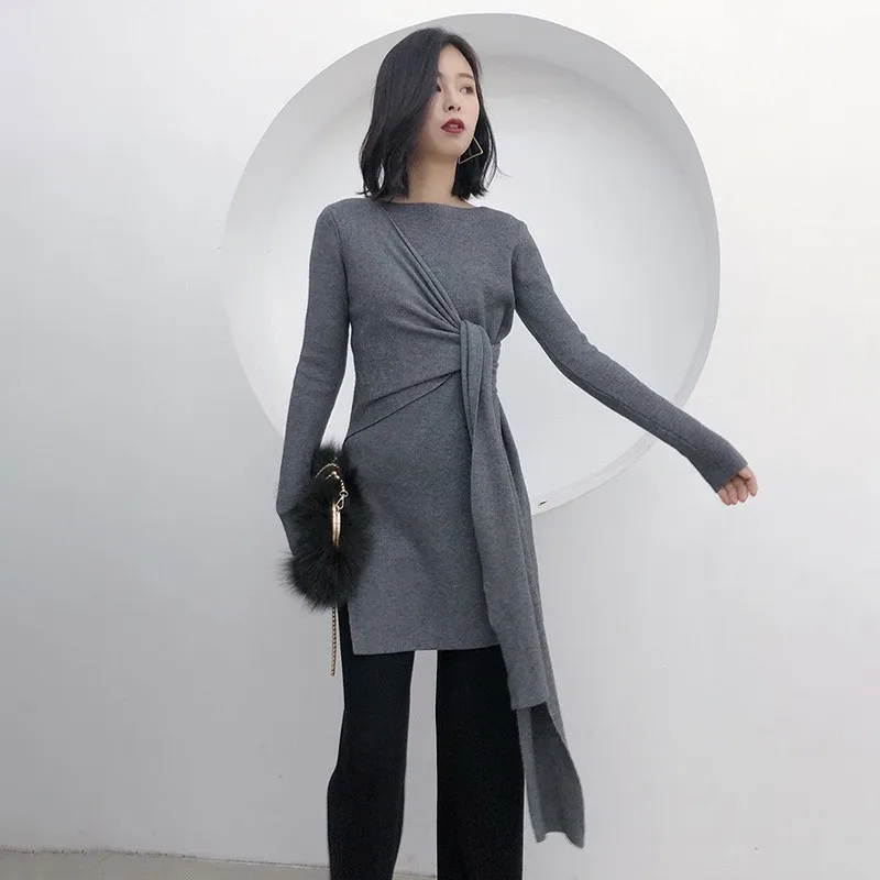 TWOTWINSTYLE Knitting Pullover Tops Female O Neck Long Sleeve Bandage Side Split Sweater Women Casual Fashion 2020 Spring New | Женская