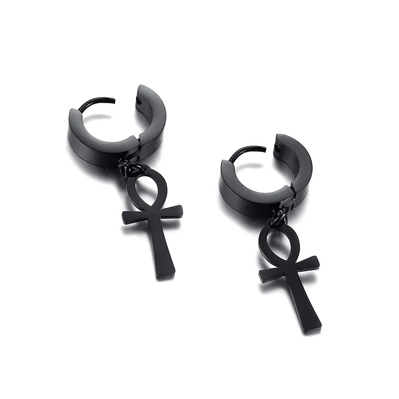 Men's Black Stainless Steel Egyptian Ankh Michael Drop Cross Dangle Earrings - Punk Jewelry for Males image 5