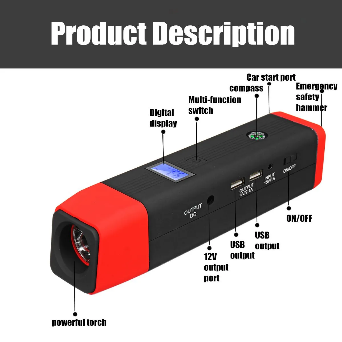 Многофункциональное пусковое устройство 99800 мАч 12 В 2usb 500 А портативный