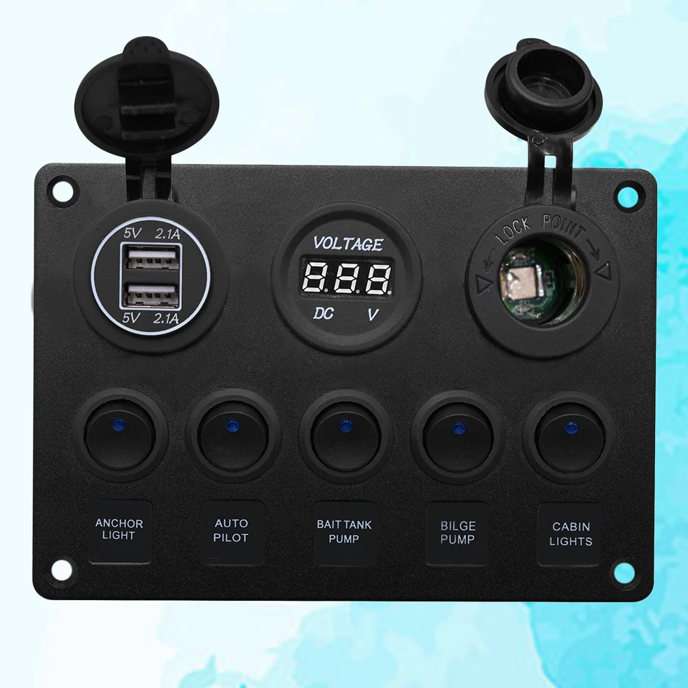 Rocker Switch Panel 5 Gang with Cigarette Lighter Light Indicator 2.1A Dual USB Ports Voltmeter Vehicle Automotive Control | Автомобили и