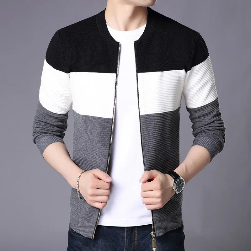 

Men's Zipper Cardigan Sweaters Casual Men Knitted Clothes 2019 Autumn Striped Cotton Man Knitwear Male Slim Clothing