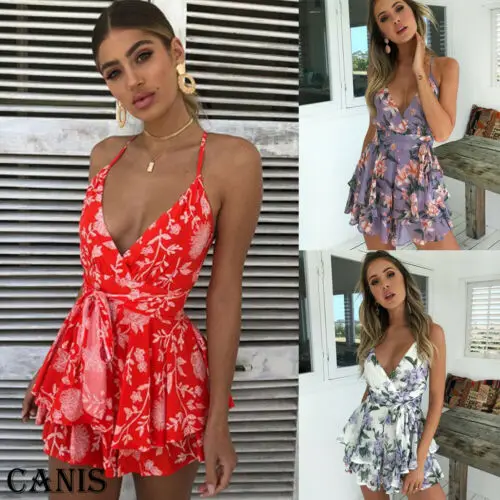 Женский комбинезон на бретелях с цветочным принтом Boho сексуальные короткие