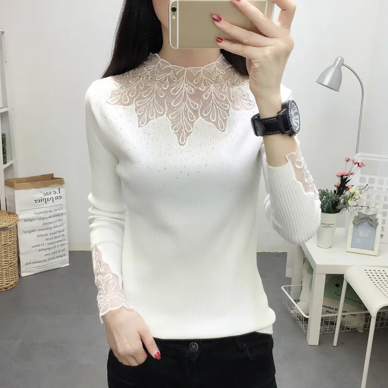 Модный женский кружевной свитер осенне-зимний элегантный облегающий с высоким