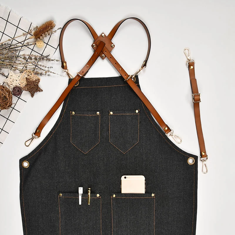 

Denim Bib Apron Leather Strap Barista Baker Work Uniform Bartender Bbq Chef Cook