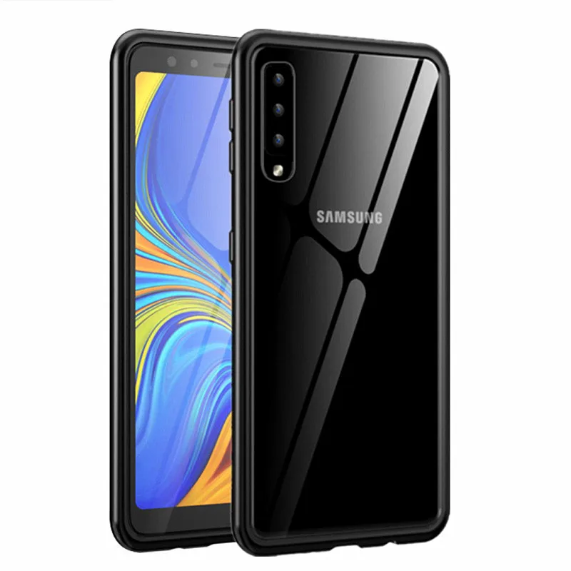 For Samsung Galaxy A7 2018 A750 Case Ultra Metal Frame Bumper with Clear Tempered Glass Back Cover Hard for |