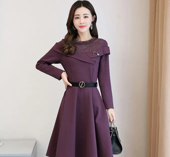 2018 осень-зима новое модное корейское платье средней длины с круглым вырезом и