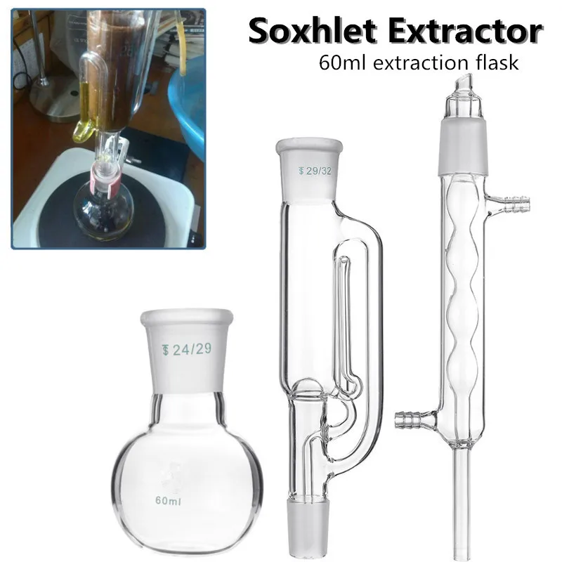 

60ml Lab Glass Soxhlet Extractor Condenser Set with 24/29 Flat Bottom Flask 225MM 29/32 Tube Lab Glassware Kit