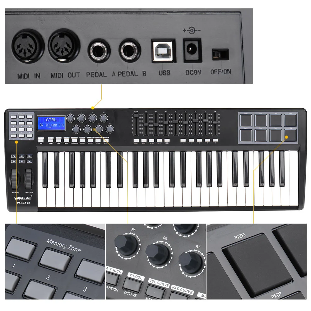 PANDA49 49 клавиш USB MIDI контроллер клавиатуры 8 барабанных колодок с