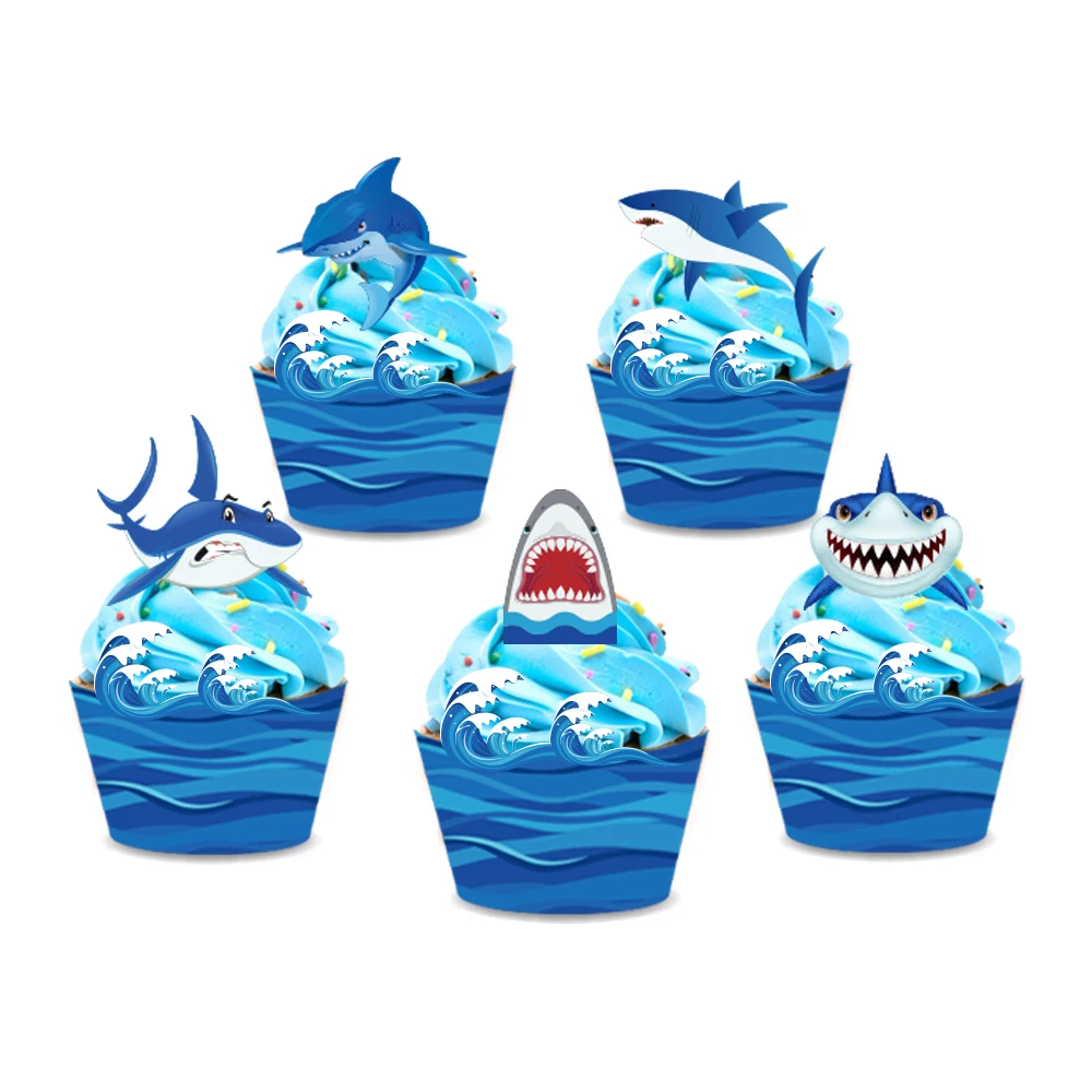 

Nautical Theme Blue Shark Cake Topper Happy Birthday Party Decoration Ocean Wave Cupcake Wrapper Baby Shower Party Supplies