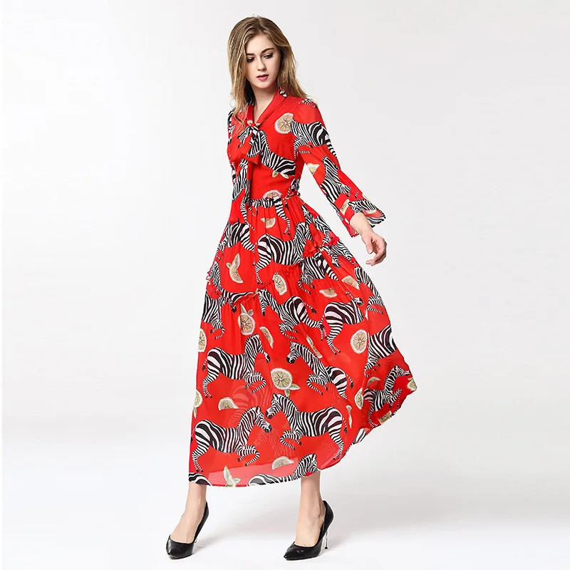 Женское длинное платье с принтом зебры красное Свободное воротником стойкой и