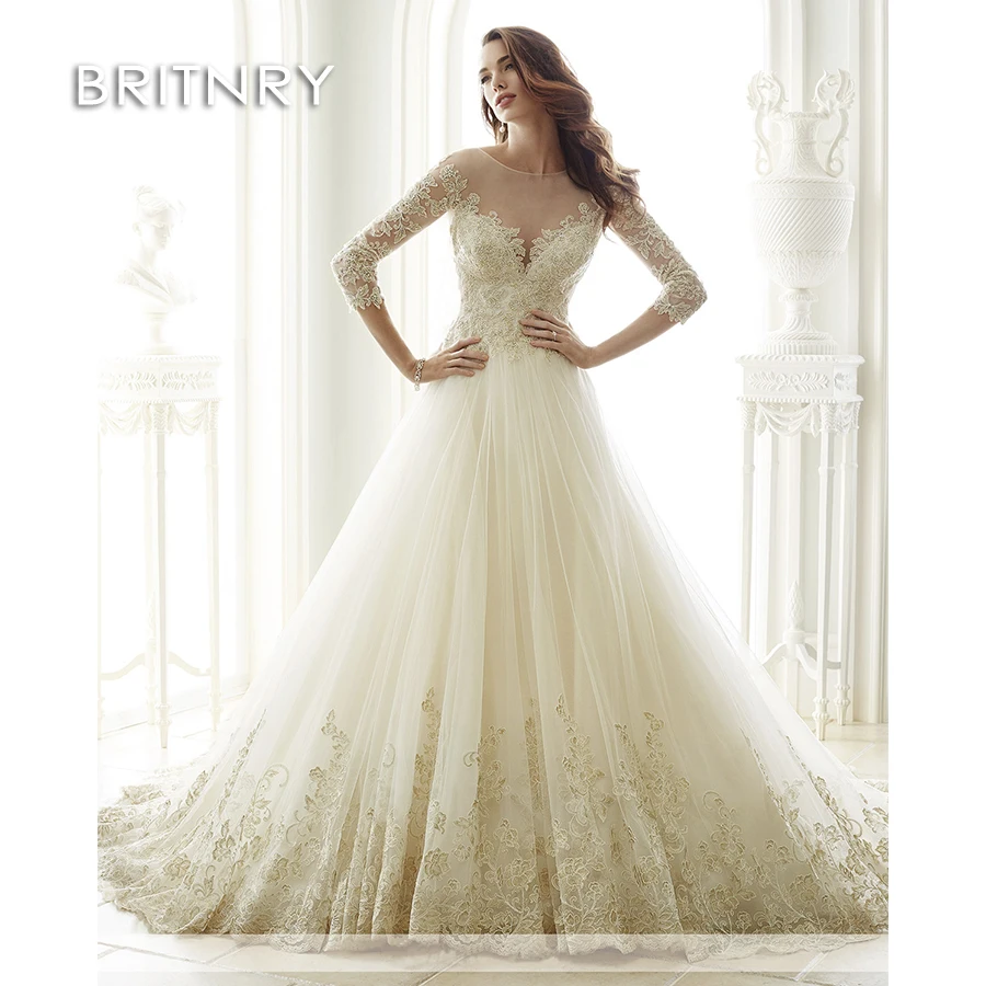 

BRITNRY Elegance Luxury Lace Illusion Wedding Dress 2020 Vestidos de novia Applqiues Tulle Long Sleeve Wedding Bridal Gown