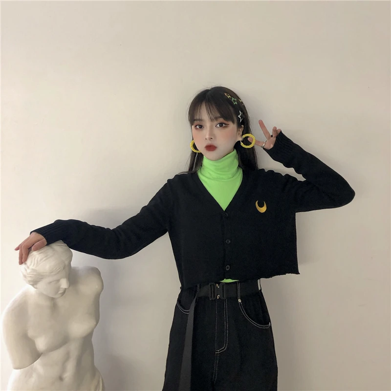 Модный женский однобортный Кардиган Harajuku с вышивкой Луны мягкий вязаный