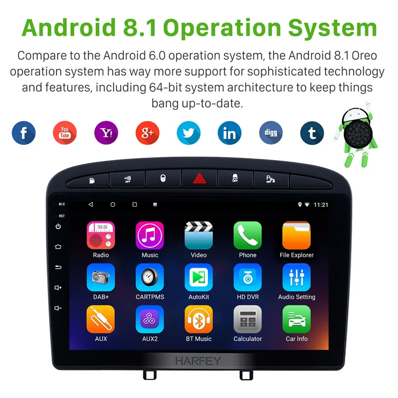 Harfey Android 10.0 9&quot Car Multimedia Player Head Unit for 2010-2016 PEUGEOT 408 Stereo GPS Radio support OBD2 WiFi bluetooth |