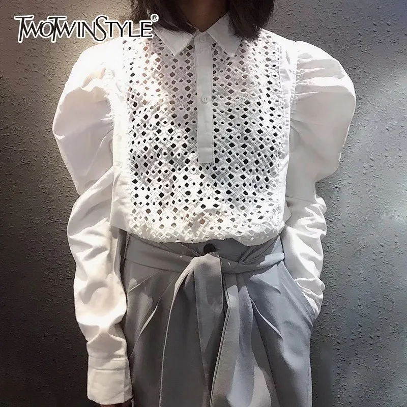 TWOTWINSTYLE корейские рубашки блузка Для женщин нагрудные Puff длинным рукавом
