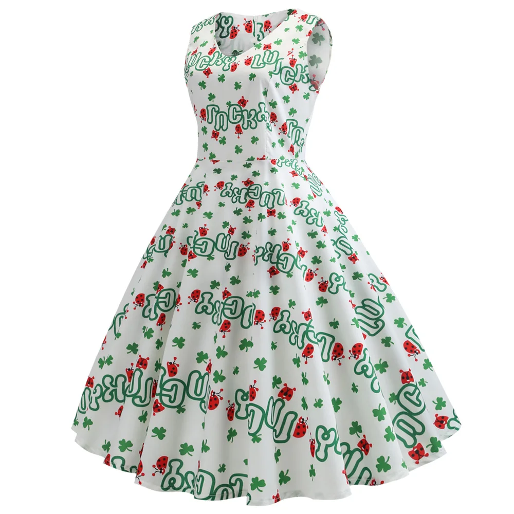 Joineles Vintage V-Neck Pinup Women Dress Swing Clover Printing Evening Party Sleeveless Rockabilly Retro Wear 2XL | Женская одежда