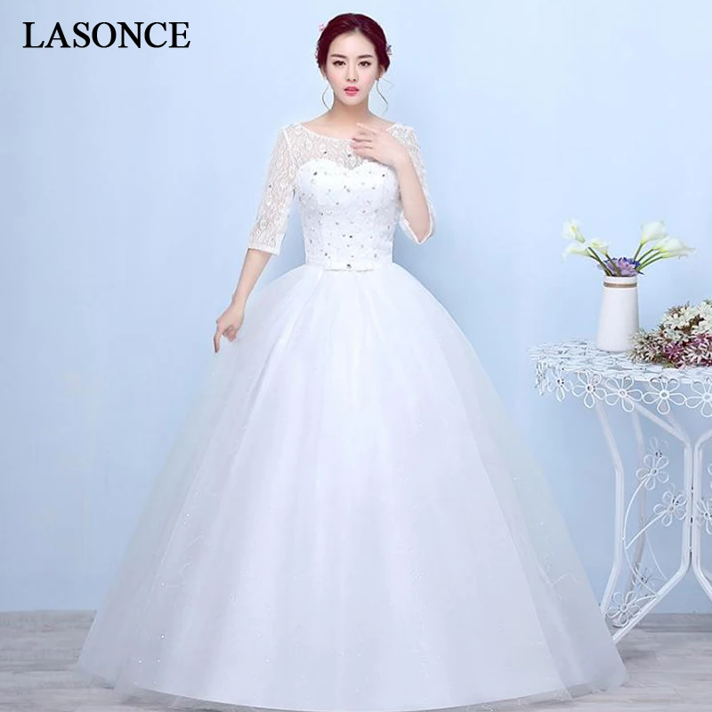 

LASONCE Bow Sash Lace Ball Gown Wedding Dresses Crystal O Neck Illusion Three Quarter Sleeve Backless Bridal Dress