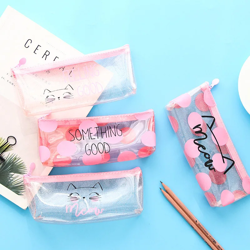Розовый кот пенал креативный прозрачный ПВХ школьный для карандашей Kawaii большой