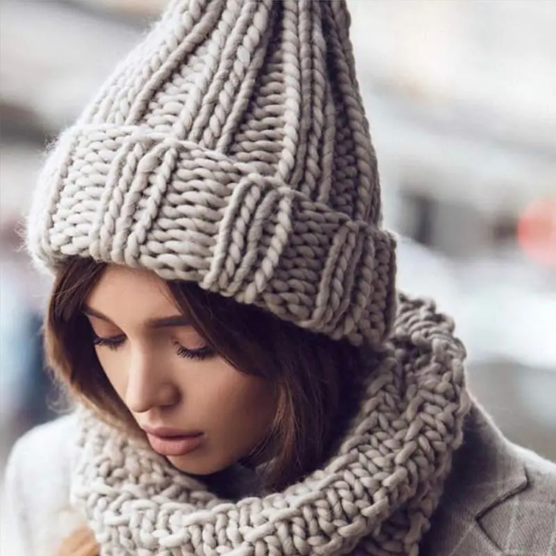 Женская шапка зимняя теплая Skullies шапочки для дам сплошной цвет толстый ручной