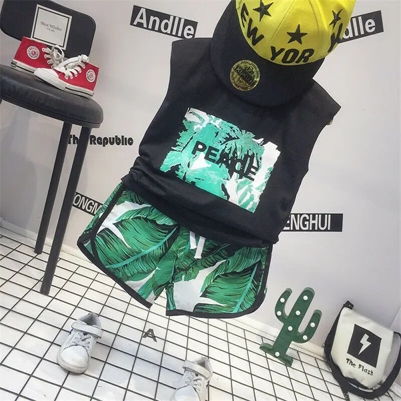 2PCS Toddler Kid Baby Boy Causal Clothes Letter Print T-shirt Tops Tank+Shorts Beach Outfits Sets 1-6Y | Детская одежда и обувь