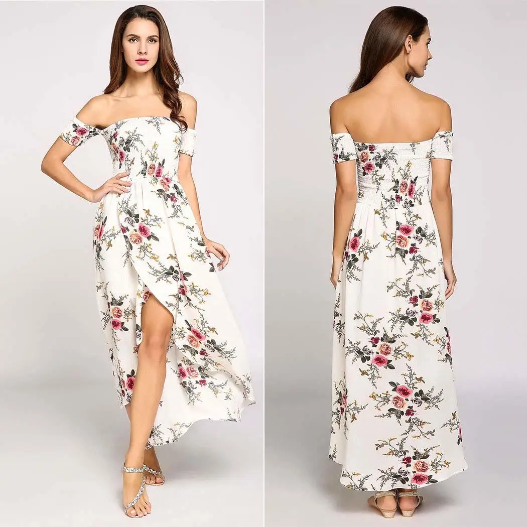 Короткий рукав с открытыми плечами Boho стили печати Асимметричный разделение