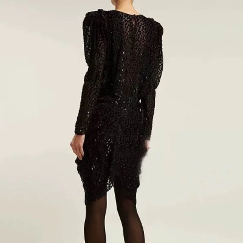 Runway Black Dot 2019 Summer Lady Dress Draped V-neck Sexy Bodycon Sheath Chic Puff Sleeve Women Party | Женская одежда