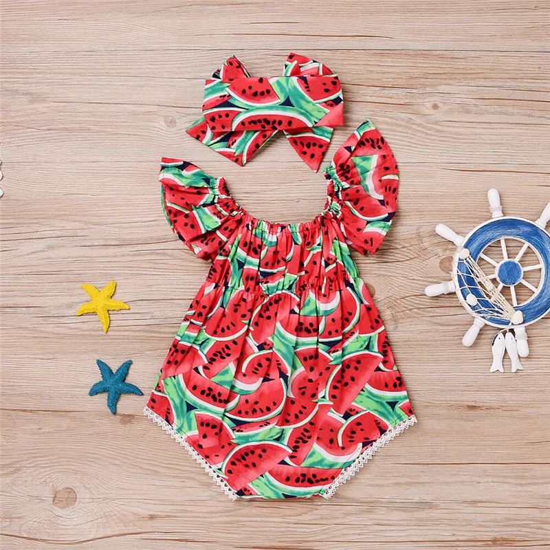 

2pcs Summer Brand New Cute Newborn Baby Girls Watermelon Print Short Sleeve Bodysuit+Headband Clothes Sunsuit