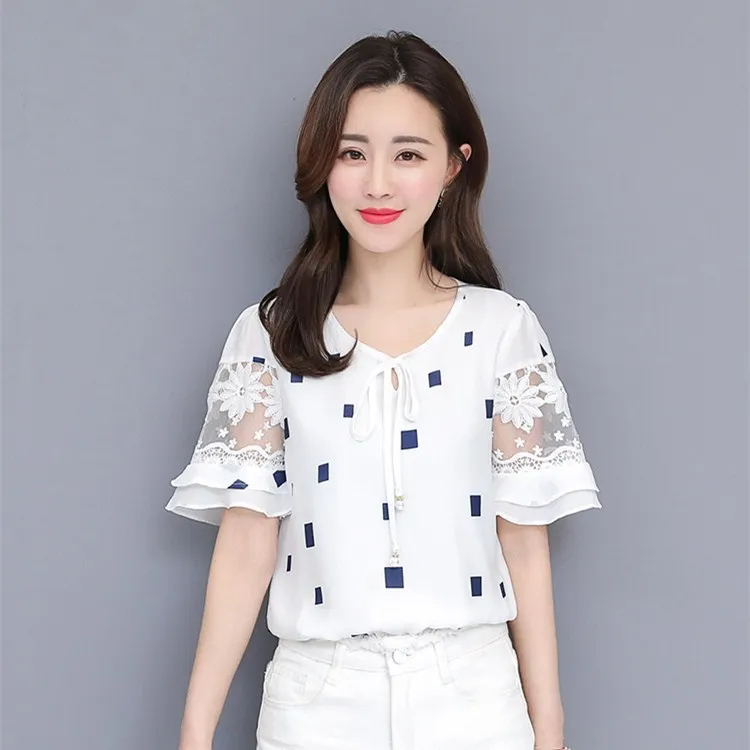 New Arrival Women Summer O-Neck Stripe Slim Blouse Butterfly Sleeve Ladies Lace-Up Patchwork Lace Plus Size Chiffon Shirts |