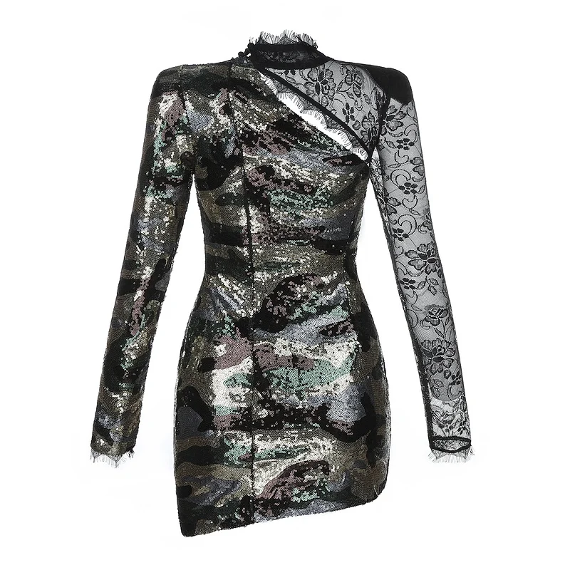 High Quality Long Lace Sleeve Hollow Out Sexy Mini Dress Evening Party | Женская одежда