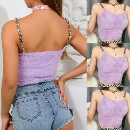 Женский меховой кроп-топ без рукавов с металлическими цепочками на бретельках