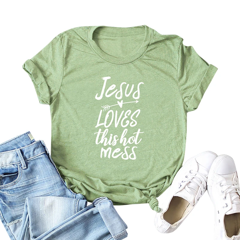 Женская летняя хлопковая Футболка Jesus Loves This Hot беспорядок размера плюс женская