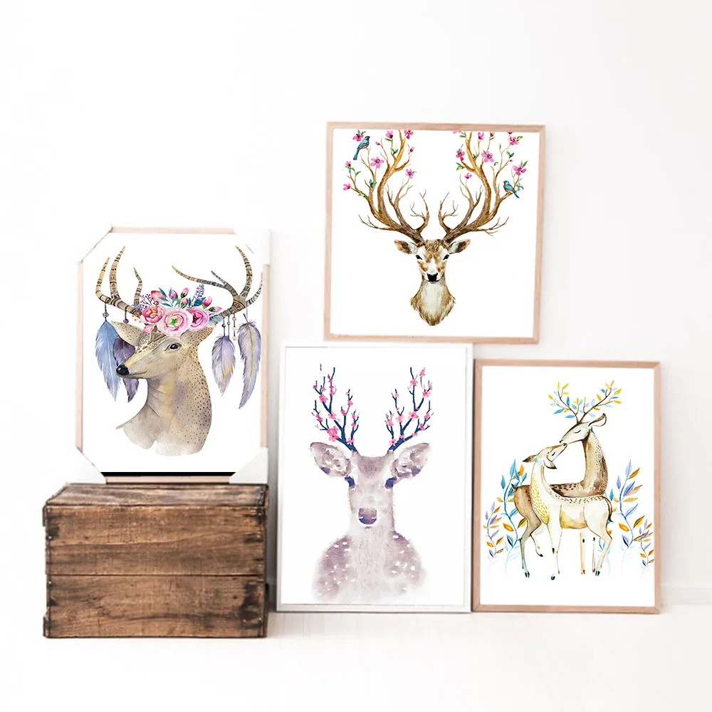 

Simple Nordic Wall Art Pictures Sika Deer with Flower Posters Animal Prints for Living Room Home Decor 5 Color No Framed
