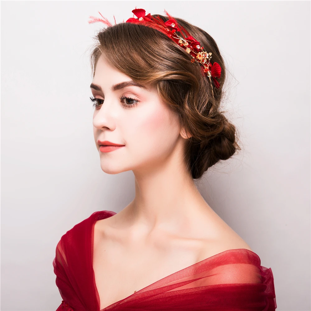 Fashion Korean Headband Artificial Red Feather Headpiece Fabric Flower Headdress for Wedding Bridal Princess Headwear Ornaments | Украшения